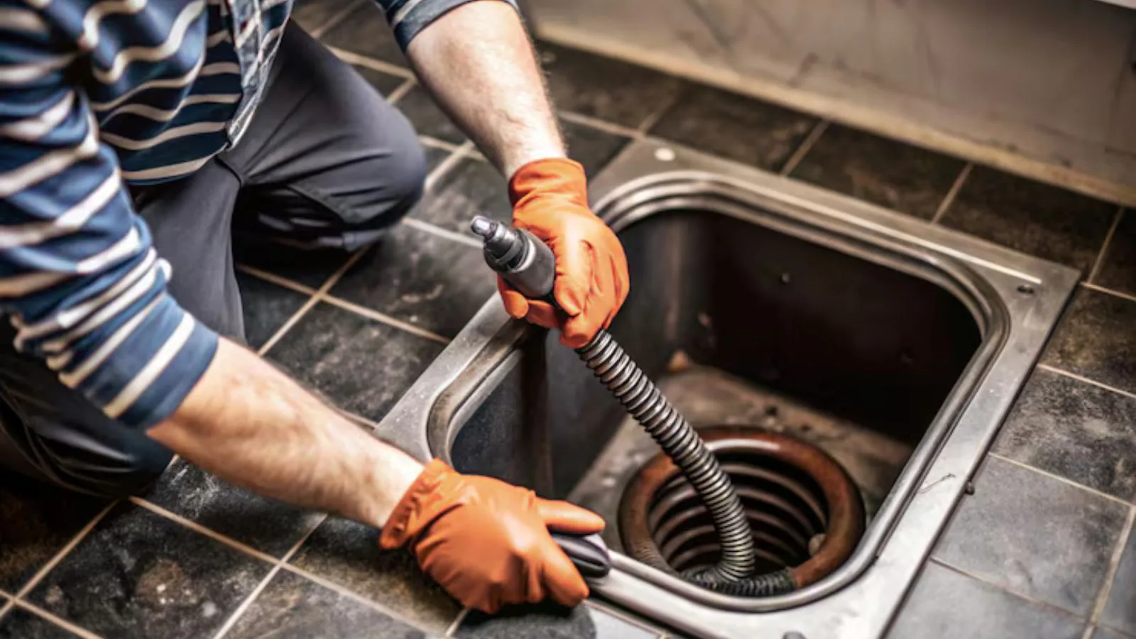 Plumber using a drain auger to clear a clogged sink in Upland, CA