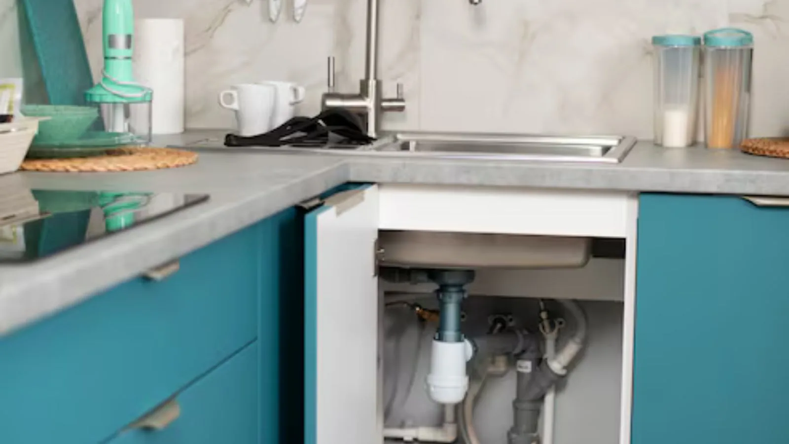 Garbage disposal installation under a kitchen sink in Upland, CA