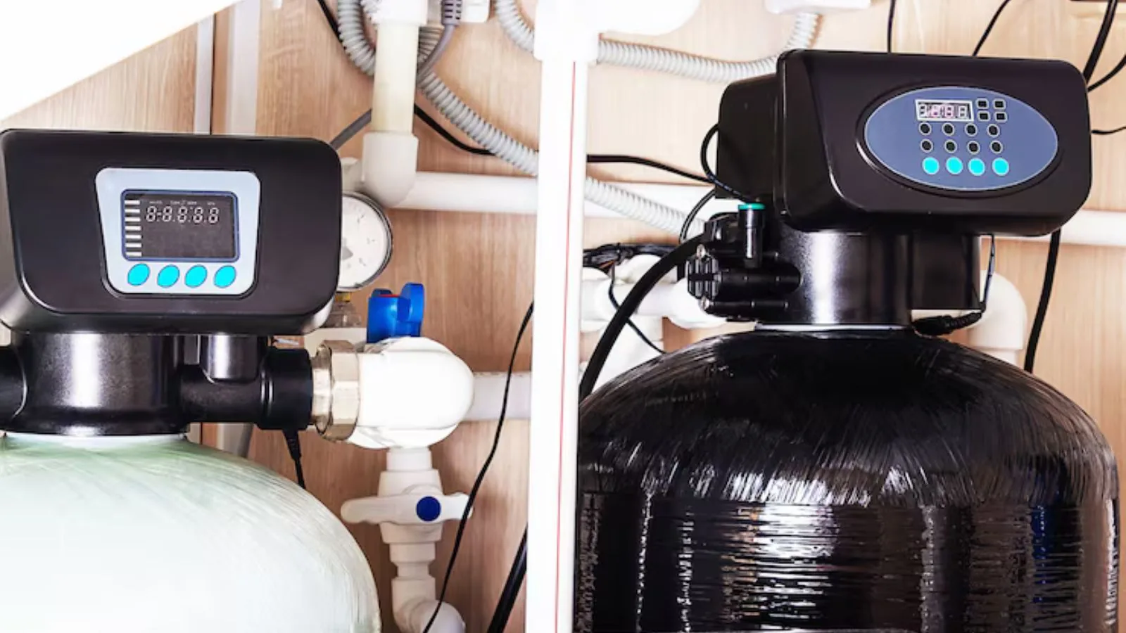 Whole-home water softener installed in an Upland, CA garage